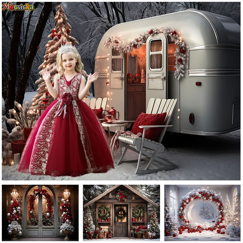 

Mocsicka Winter Photography Background Christma Party Xmas Tree Caravan Snow Backdrop New Year's Eve Kids Portrait Photo Banner