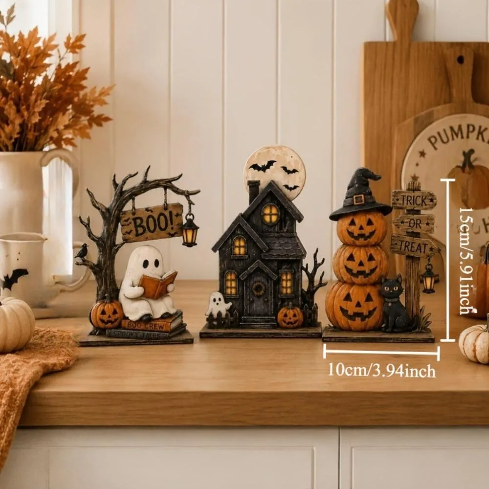 2D Vintage Halloween Holz-Tischdekoration mit lebenden Geistern, Geisterbahn, gestapelten Kürbisfiguren, festliche Tischdekoration für Partys – Detail 1