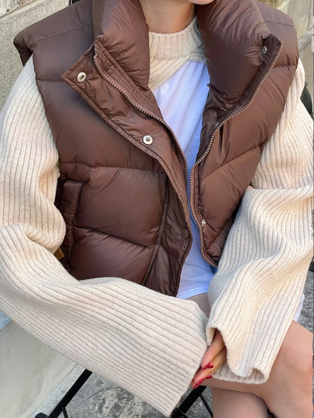 

Women's ort down Cotton Vest Thiened Warm Bread Sle Jaet Zipper Closure Cotton Pure Color Commute Sle
