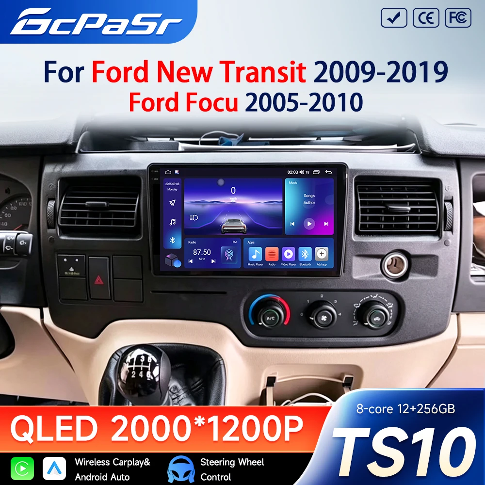 Android Auto For Ford New Transit 2009- 2019 Focu 2005 - 2010 Car Radio Carplay Navigation Head Unit 2din QLED Screen Bluetooth