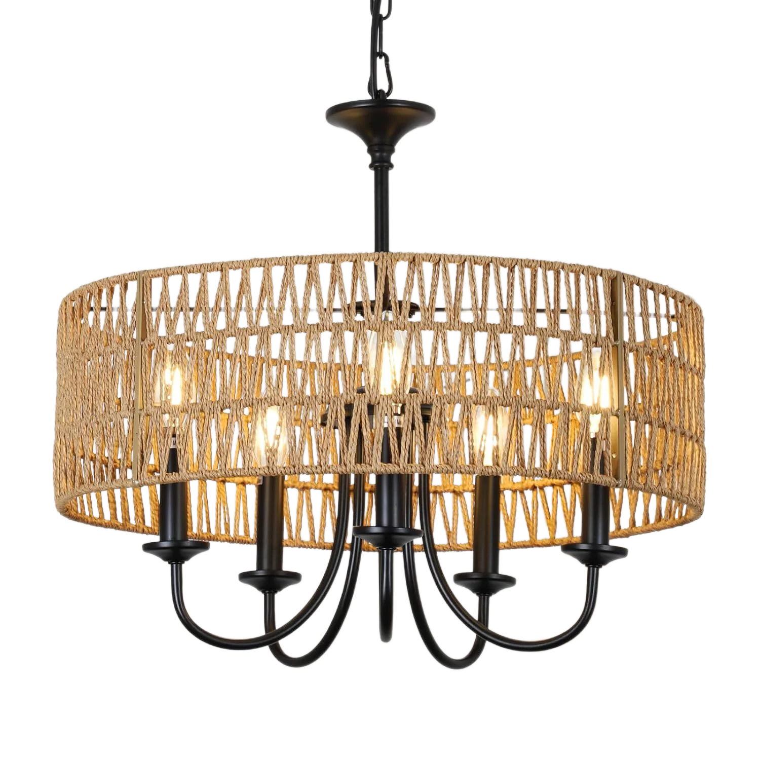 Modern Farmhouse 5-Light Rattan Chandelier, Large Pendant Light Fixture with Hand Woven Wicker Shade, Boho Black Design for Dini