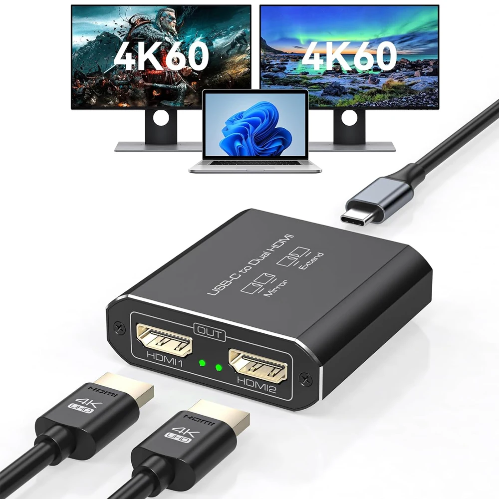 

Navceker 4K 60Hz Thunderbolt 3 to Dual HDMI Adapter USB C Type C to HDMI Hub Splitter 1 In 2 Out MST Extended for Laptop Macbook