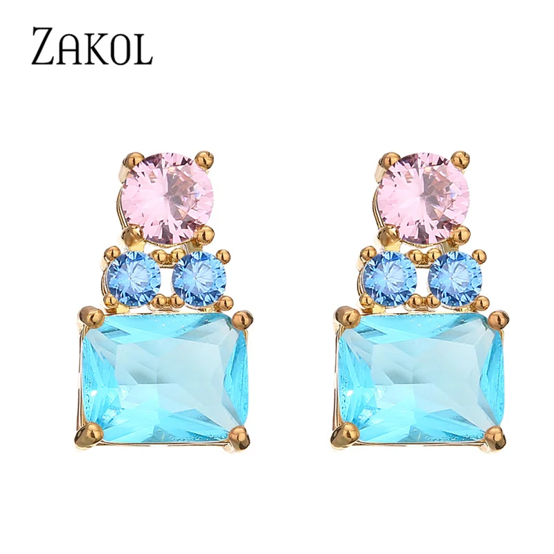 ZAKOL New Sliver Color Square Cubic Zirconia Stud Earrings for Women Light Blue Pink Bottle Crystal Earring Girls Party Jewelry