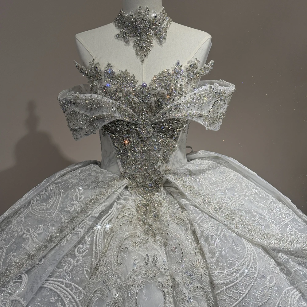 Luxury Crystal Rhinestone Wedding Dress Off The Shoulder Ball Gown Lace Bridal Dress