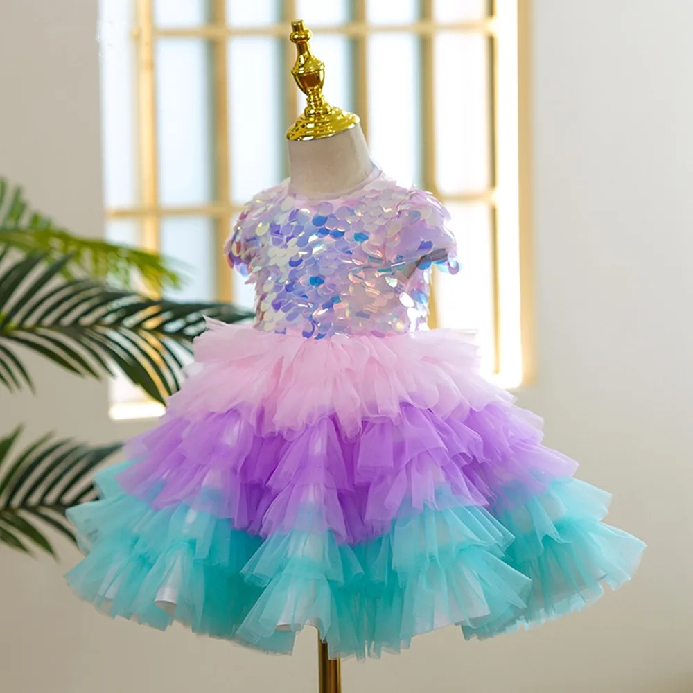 

Flower Girl Dress For Wedding Layered Sequins Tulle Puffy Birthday Party Dresses Photography Ball Gowns First Communion Wear