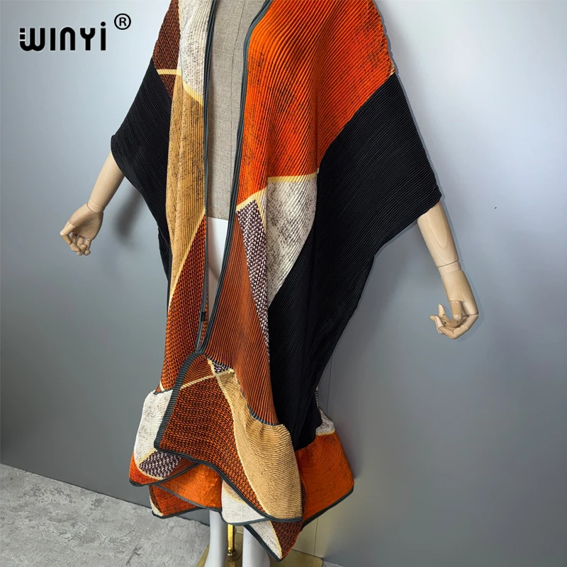 كيمونو نسائي من WINYI بتصميم مطبوع وطيات، معطف طويل، عباية دبي فاخرة، ملابس شاطئية، فستان بوهو، كافتان. 18