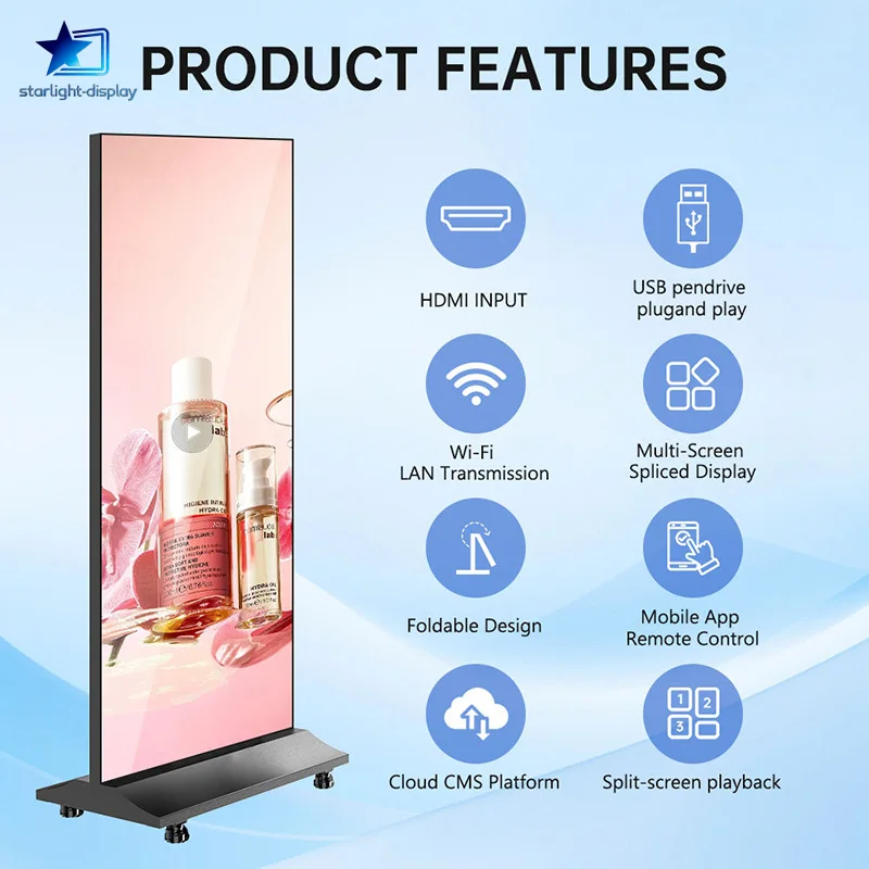 Foldable indoor poster LED display, energy-saving, high-definition, ultra-thin and portable, ideal for indoor advertising.