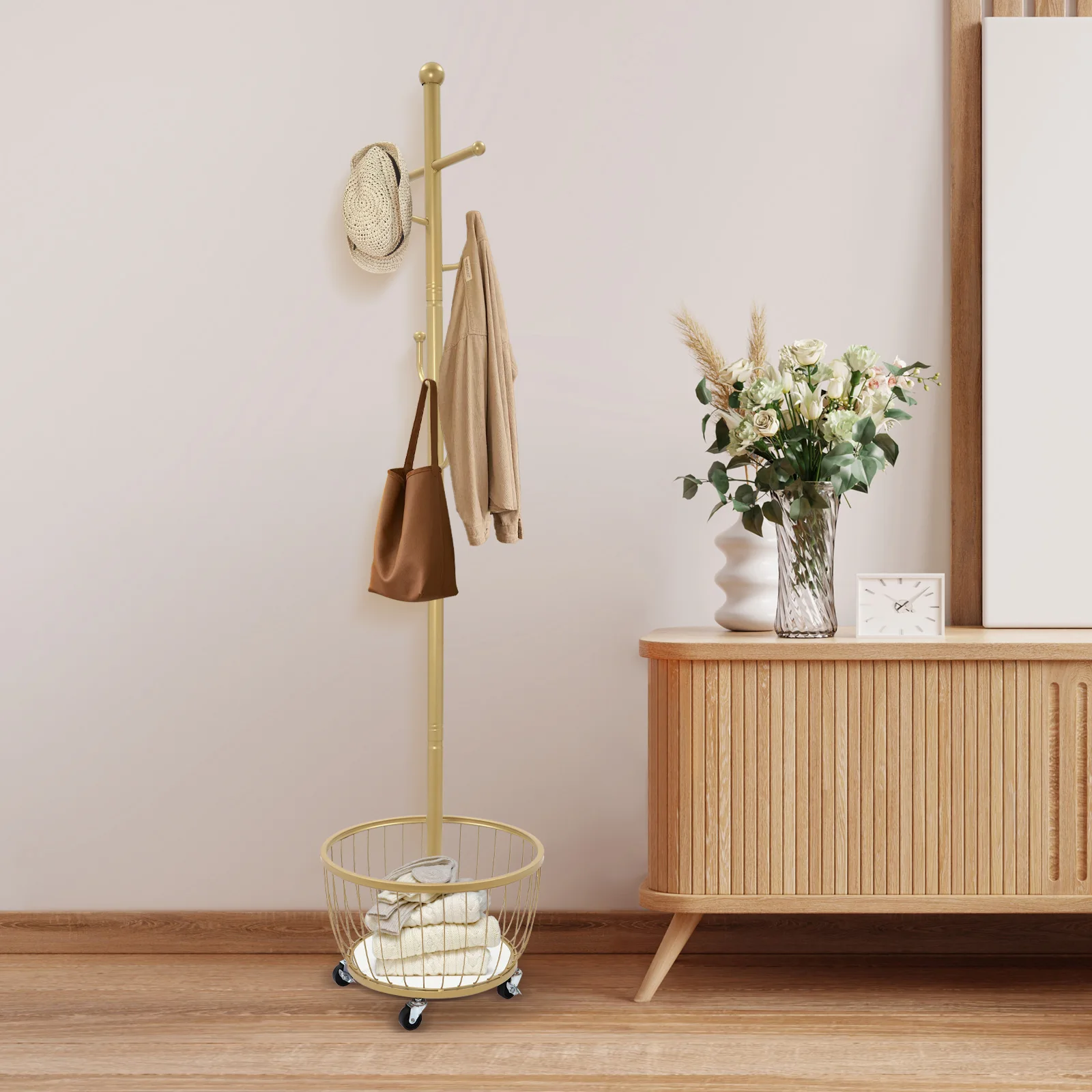 Kapstok Entree Jas Hanger Stand Met Opbergmand Staande Kapstok Met Mobiel Wiel