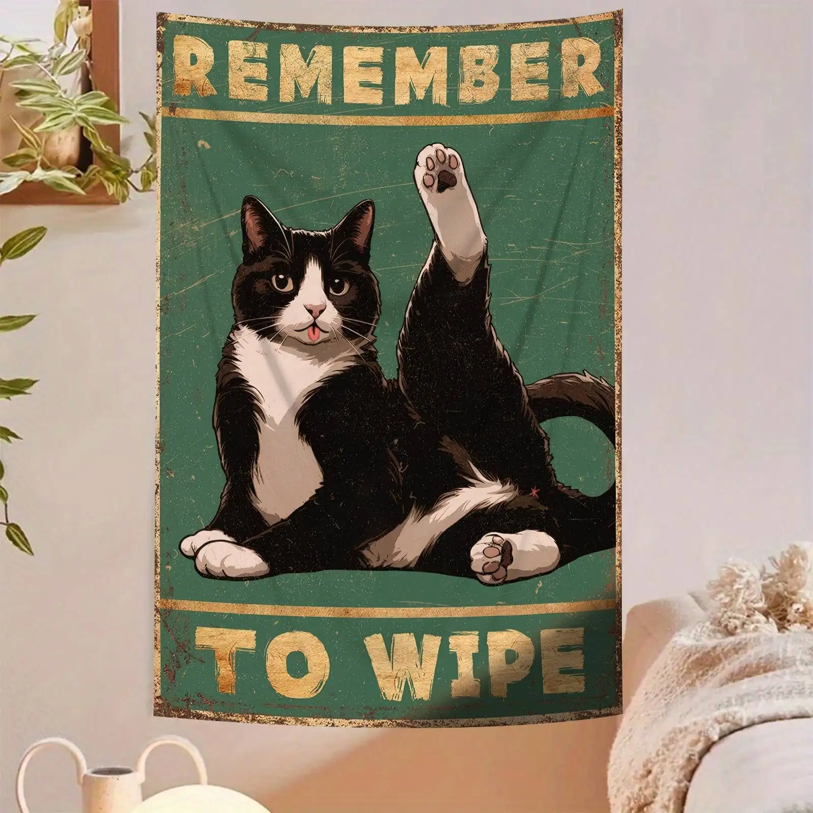 Funny Cat Bathroom Tapestry, Remember To Wipe Wall Hanging, Vintage Green Decor, Pet Lover Toilet Background Cloth