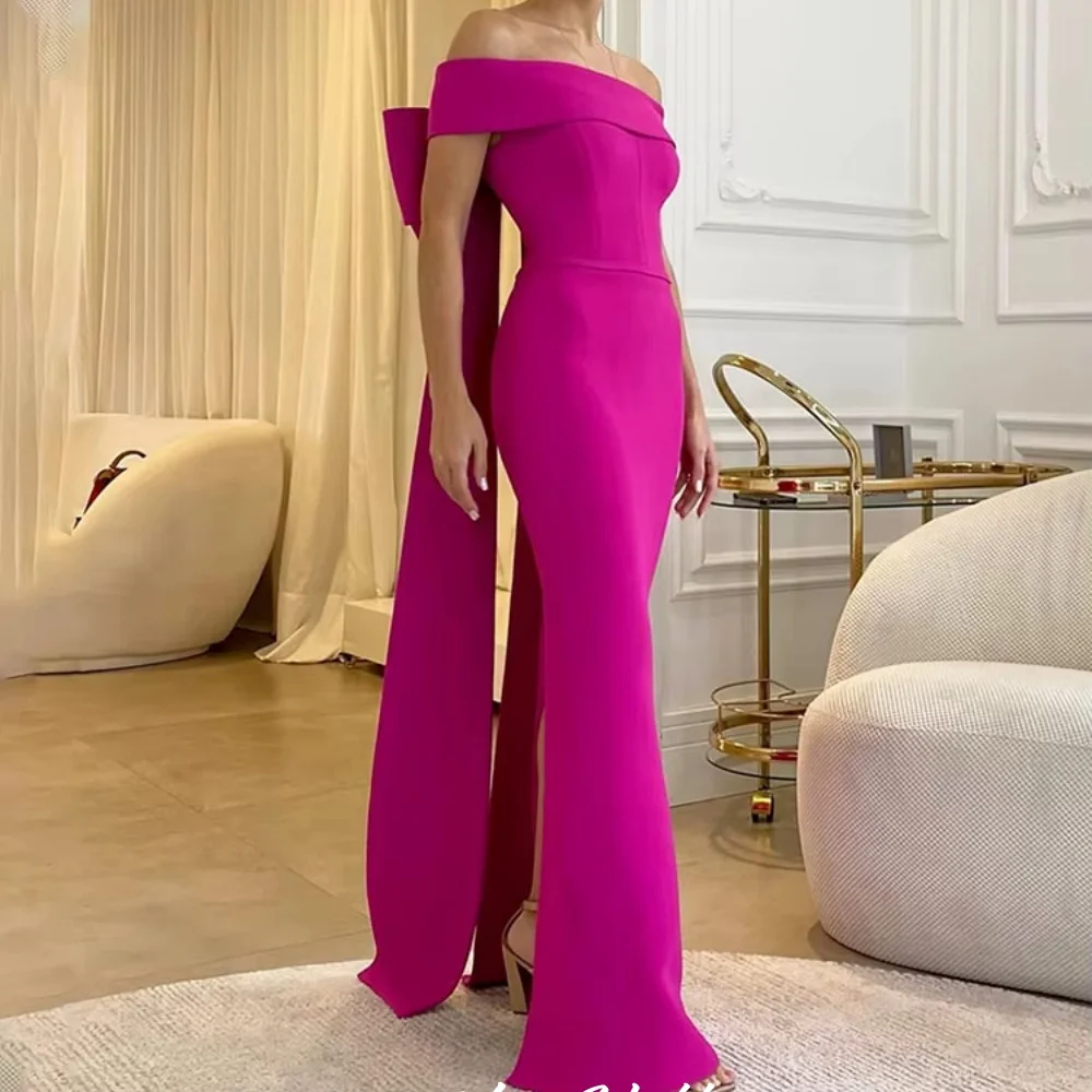 

Rose Pink Strapless Evening Dresses 2025 Satin Pleated Off the Shoulder Mermaid Backless Big Bow Wedding Party Dress Customized