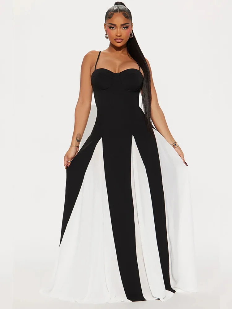 

Women Celebrity Sexy Sleeveless Black White Patchwork Maxi Long Bodycon Bandage Dress 2025 Elegant Evening Club Party Outfit