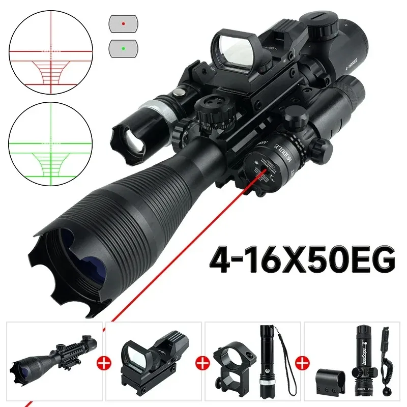 4-16X50EG Tactical Optical with Laser Scope Combo Hunting Adjustable Focal Length Long Range Shooting Sight Riflescope 11/20mm