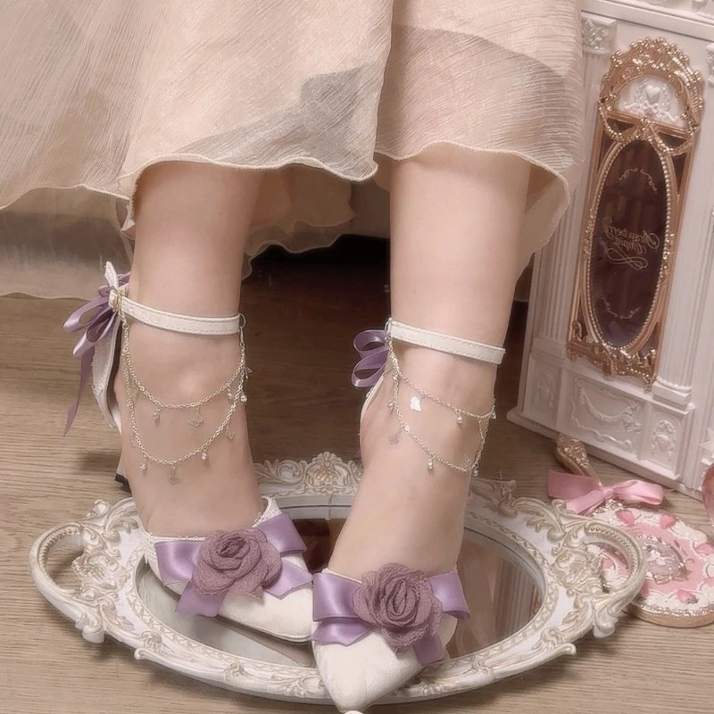 Japanese Vintage Elegant Lolita Thin High Heels Women Sweet Rose Flower Pointed Tip Purple  Mary Jane Shoes Birthday Party Pumps