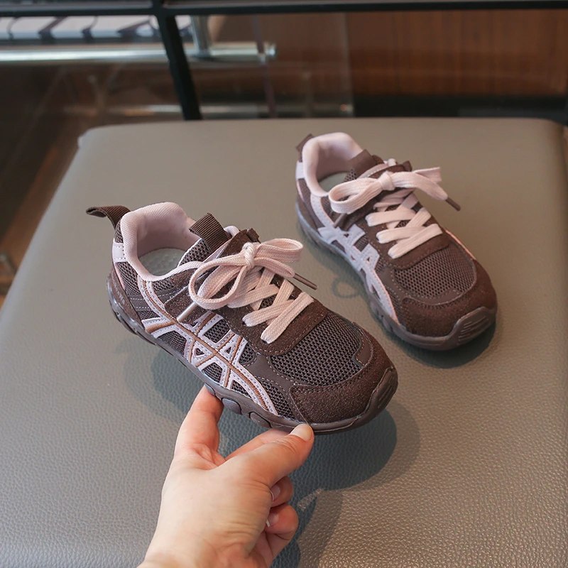 Girls Breathable Mesh Sneakers with Bow Laces Kids Retro Running Lightweight Non-Slip Athletic Casual Walking Shoes Brown Pink