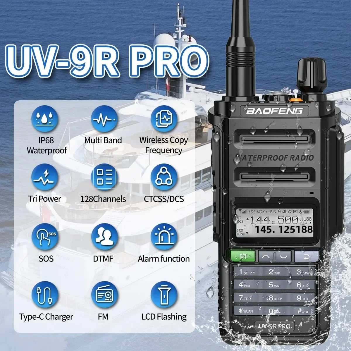

BAOFENG UV-9R PRO Многодиапазонная рация IP68 Водонепроницаемая беспроводная частота копирования Tri Power Type-C DTMF Радиолюбитель дальнего действия