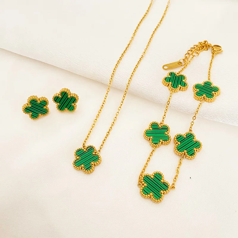 3Pcs Luxury Five Leaf Flower Pendant Necklace Earrings Bracelet for Women Gift Trendy Stainless Steel Jewelry Sets 2023 New