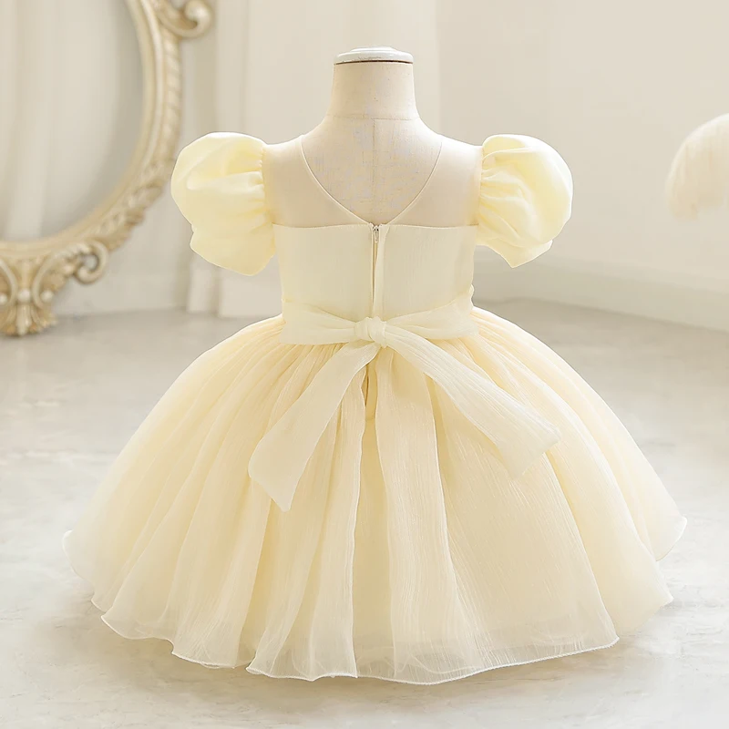 Little child dress skirt palace style bubble sleeve short style mesh gauze Pengpeng sweet princess wind champagne color W002