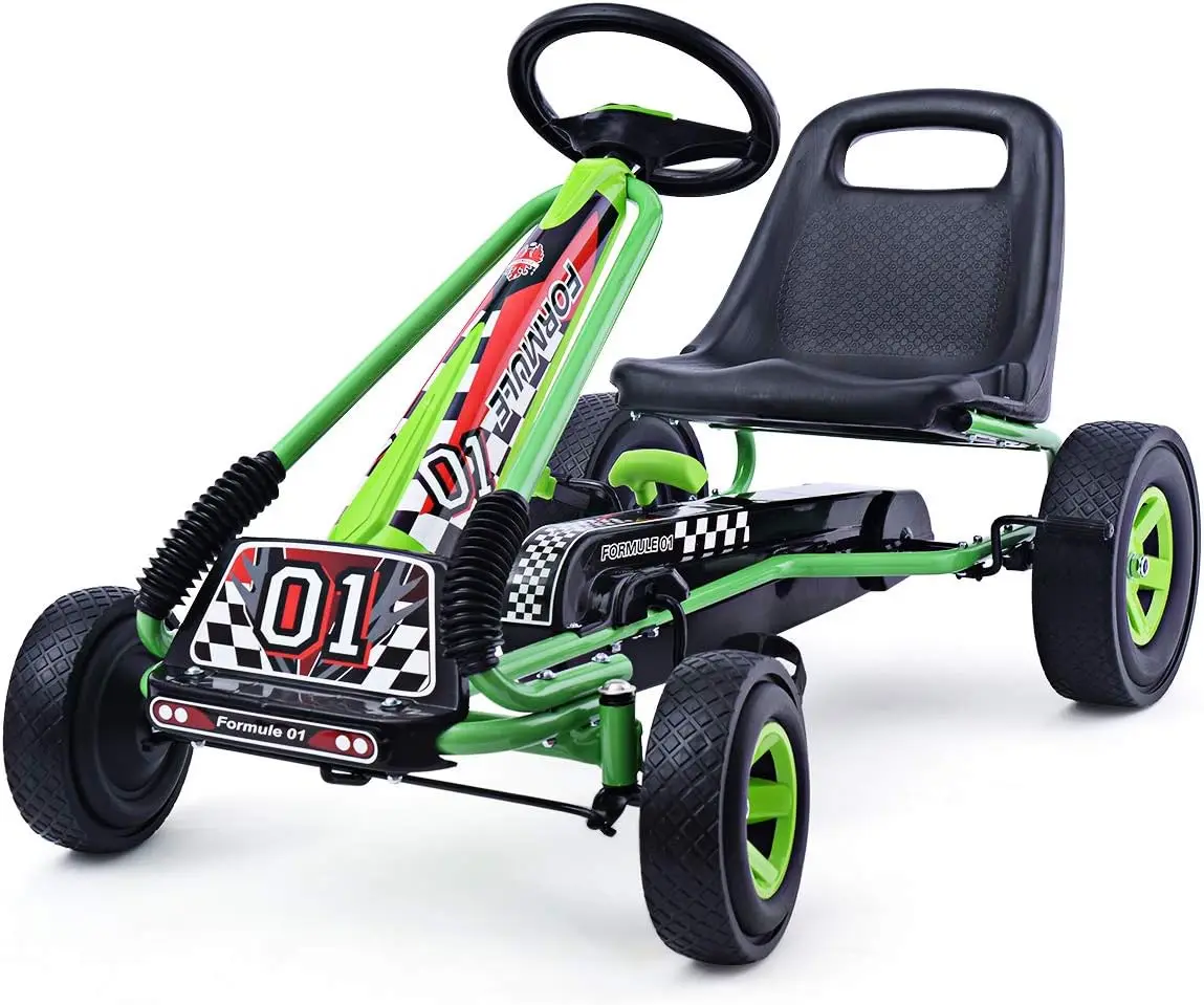 Kart for Kids, 4 Wheel Off-Road Pedal Go Cart w/Adjustable Seat, Steering Wheel, 2 Safety Brakes, EVA Rubber Tires, Ride-On Toys