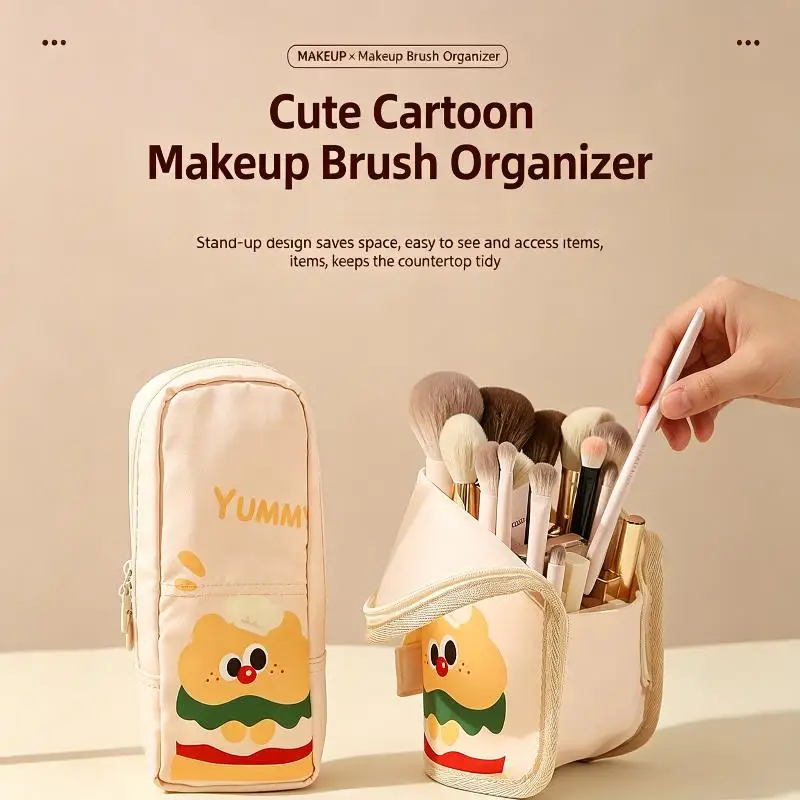 Makeup Brush Bag Fashion Cartoon Pattern Large Capacity Inner Mesh Pocket Lightweight Cosmetic Storage Pouch for Daily Commute