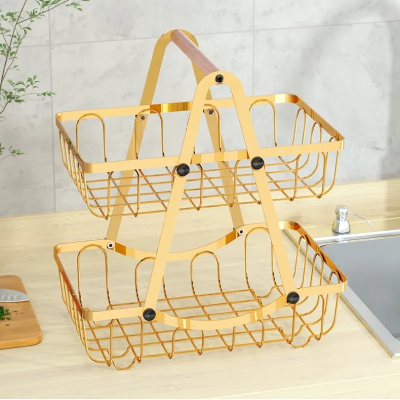 

Detachable Double Layer Iron Fruit Basket with Wooden Handle Kitchen Countertop Organizer Living Room Storage Basket