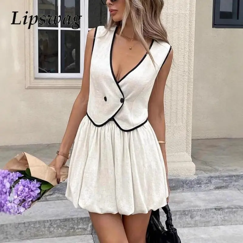 

Casual V-neck Sleeveless Tank Tops & Half Skirt Suit Women Fashion High Waist Draped 2Pc Set Elegant Contrast Color Women Outfit