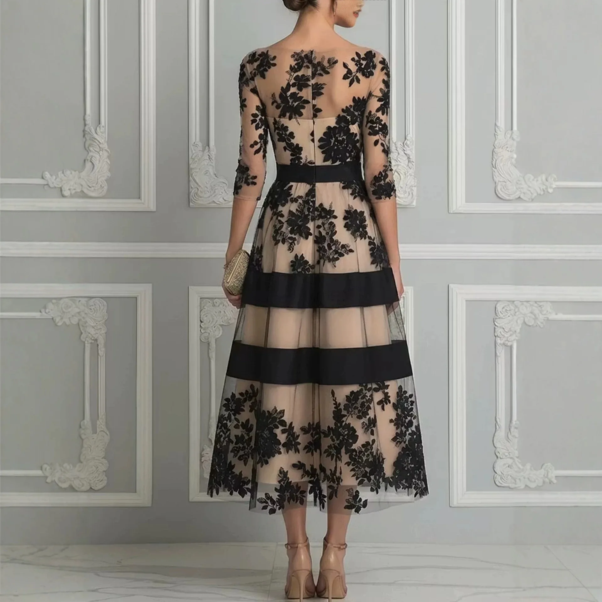 2026 Women's Mesh Midi Dress, One-shoulder, Three-quarter Sleeves, Frick Floral. Strip Waist-cinching Clothes Bandage Femme