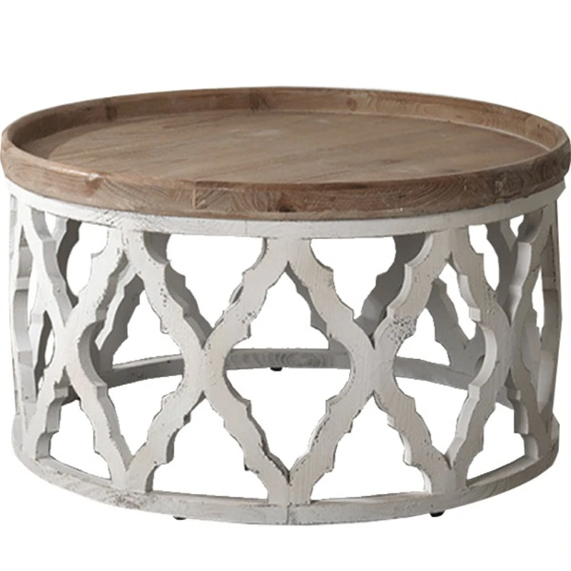 

American retro round coffee table coffee table Internet celebrity small round table in the bedroom living room solid wood hollow