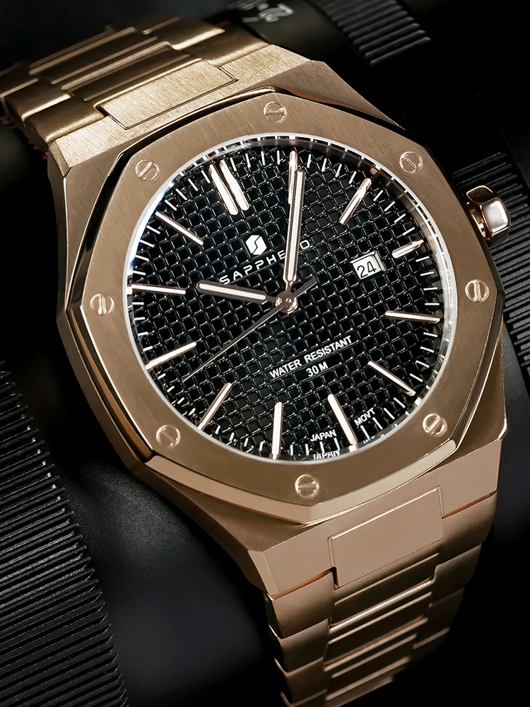 SAPPHERO Rose Gold Herenhorloges Luxe roestvrijstalen horloge High-end herengeschenken Klok Datum Mode Sport Waterdicht horloge voor heren