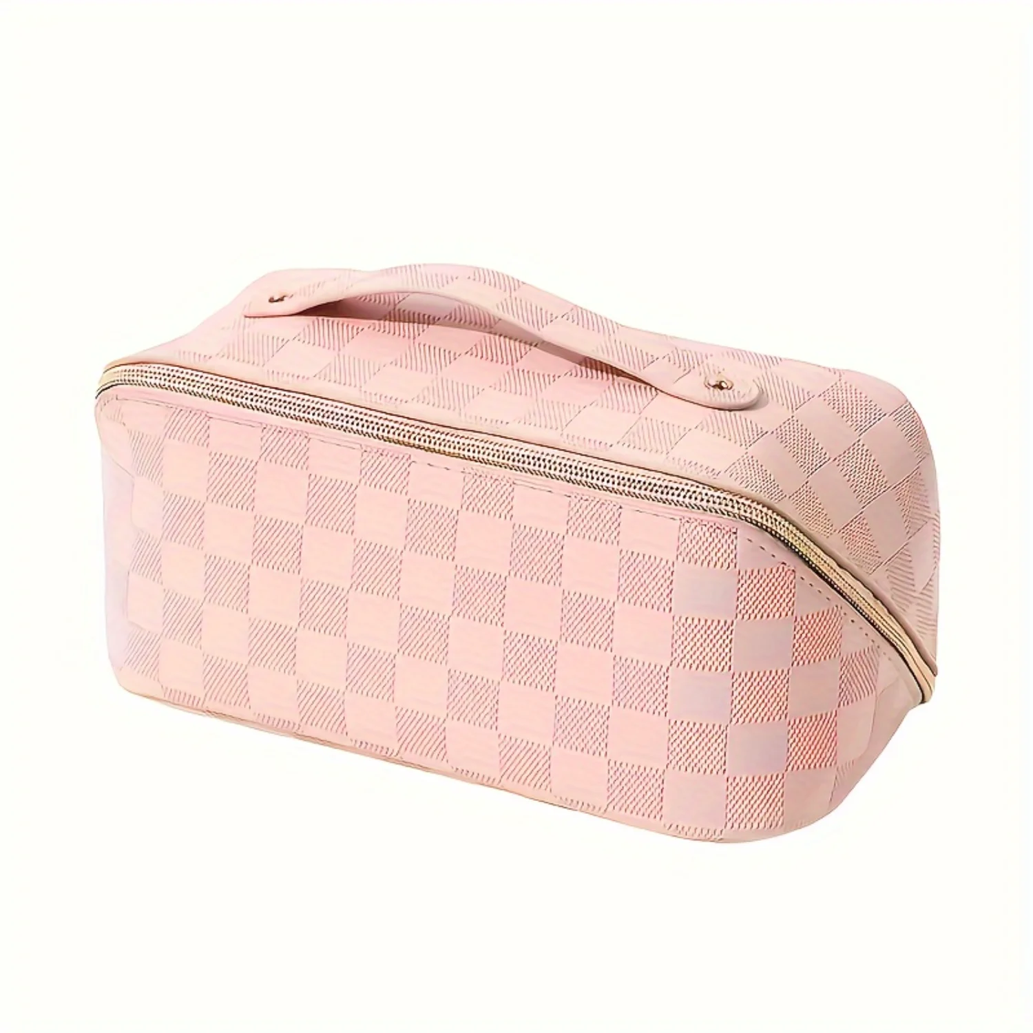 Checkered Makeup Bag with Zipper & Handle - Large Travel Cosmetic Wash Pouch