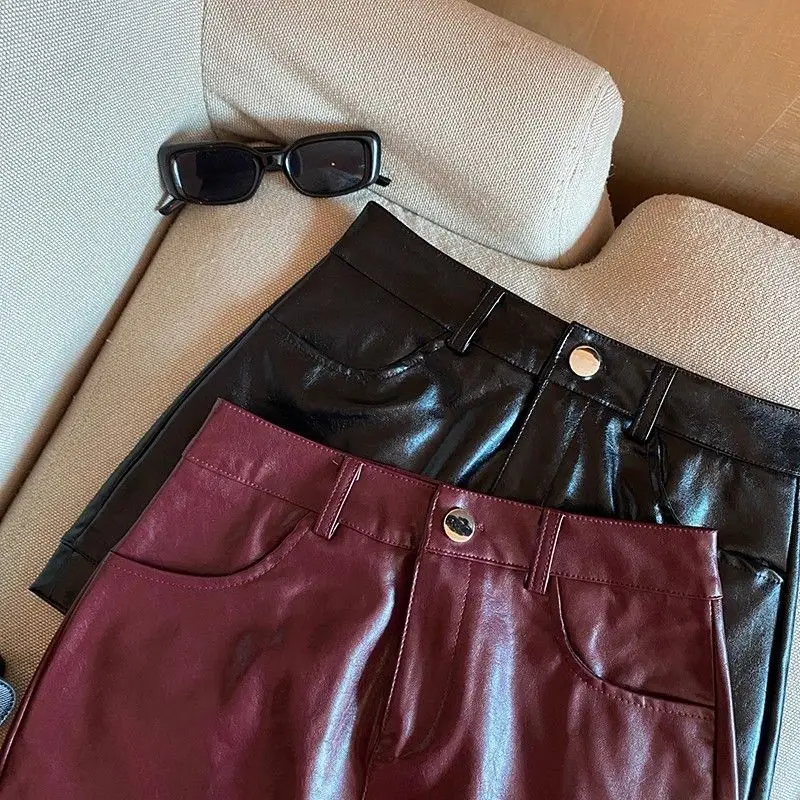 Wine Red PU Leather Skirts for Women Sexy Clubwear Hip-Wrapped Leather Mini Skirt Female Spring Autumn Short Skirts
