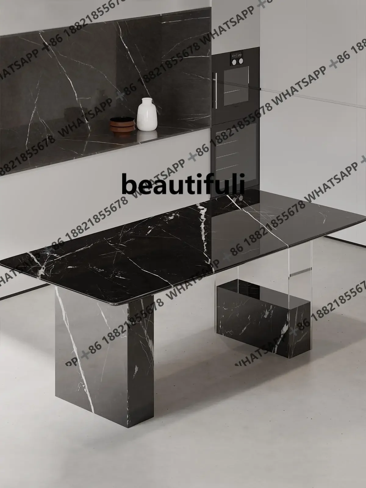 

E182 Floating Dining Table - Calacatta Black Gold Luxury Stone, Scratch-Resistant Rectangular for Small Space Home