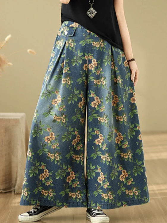 

Повседневные широкие джинсы с высокой талией и принтом, свободные женские джинсовые брюки больших размеров, удобная смесь хлопка