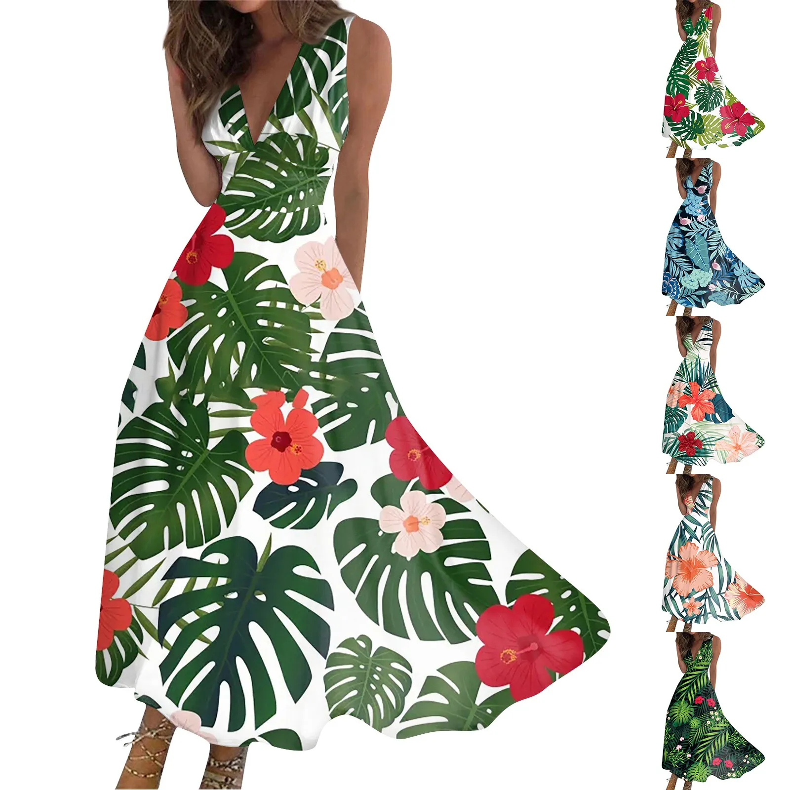 

Women's Summer Fashion Dresses Hawaiian Printed V-Neck Sleeveless Tunic Casual Dresses Slim-Type Elegant Dress فساتين اطفال