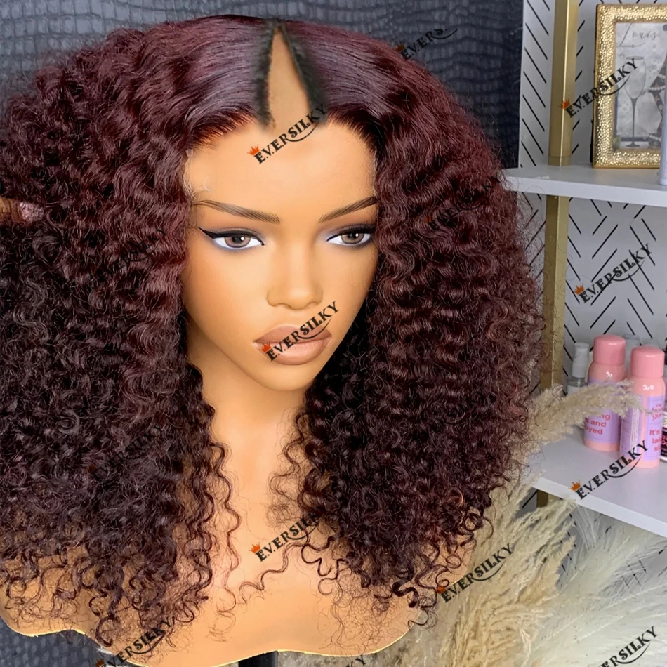 

Plum Kinky Curly Human Hair Fully Machine Made V Part Wig for Black Women Burgundy Curly 1x4 U Part Women Wig Hair Extension