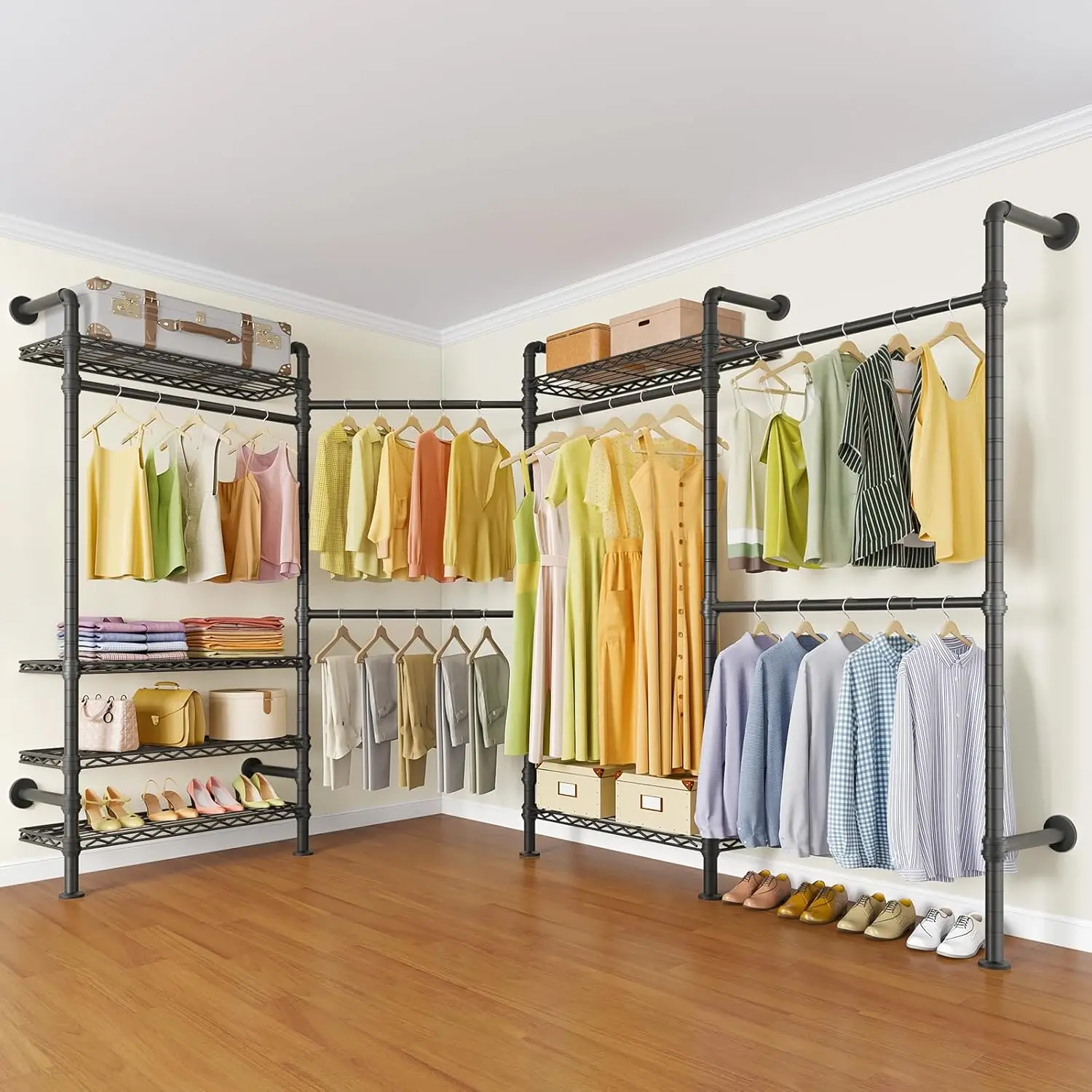 L4 L Shape Garment Rack Heavy Duty Clothes Rack for Hanging Clothes, Expandable Industrial Pipe Clothing Rack