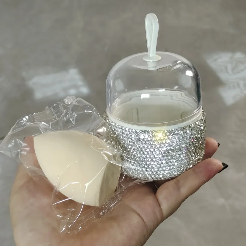High appearance level beauty egg storage box artificial diamond-encrusted portable dustproof super soft with lid do not eat pink