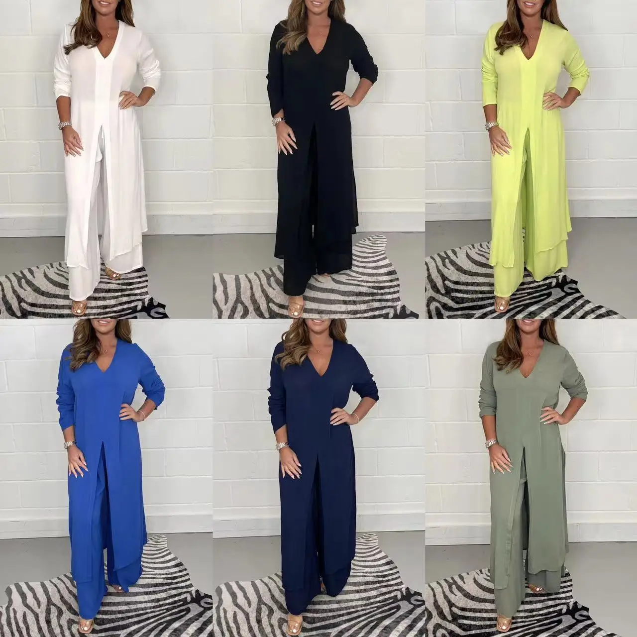 

Spring/summer Womens Solid Color Split Long Top And Pant Suit