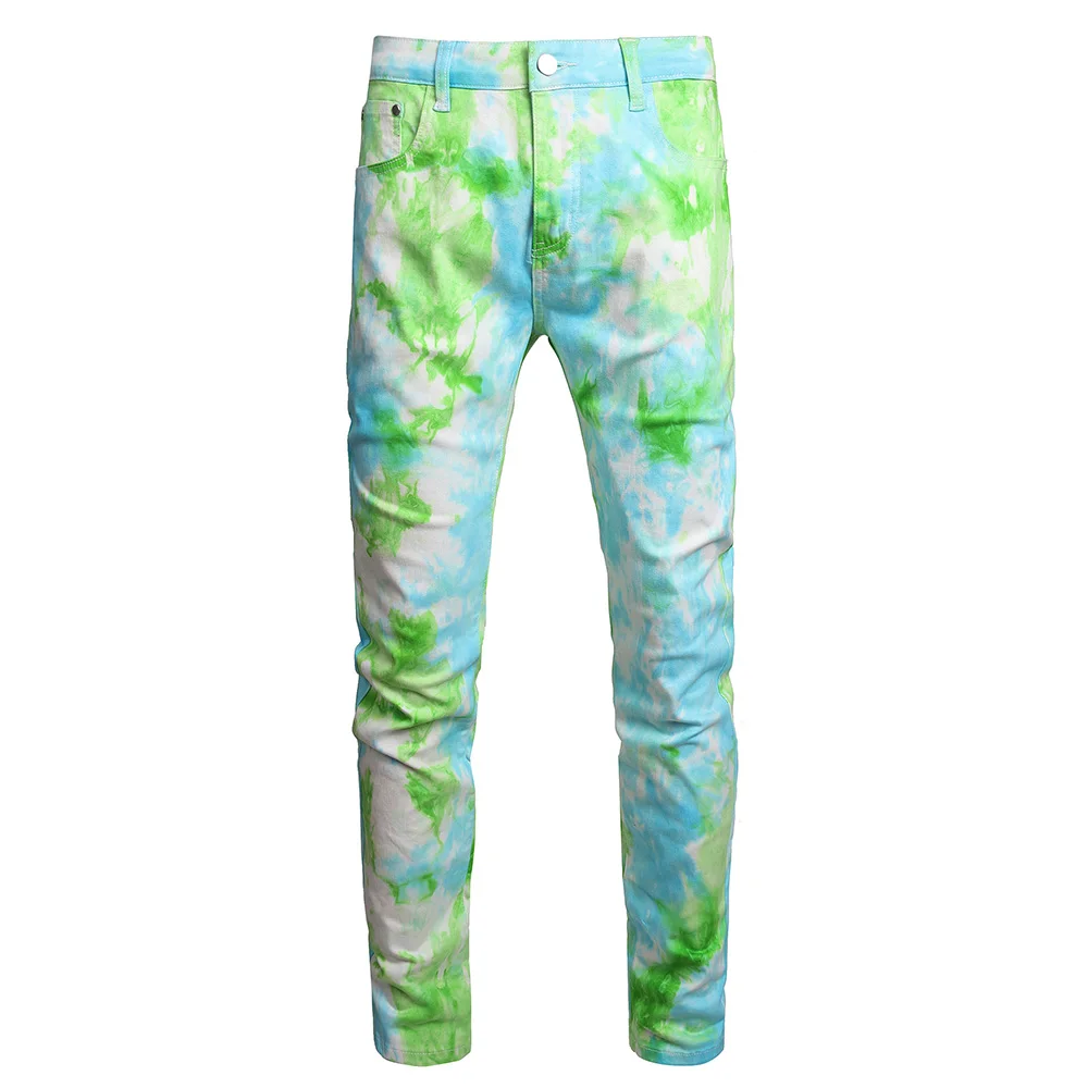 

Men Tie Dye Stretch Denim Jeans Y2K Green Blue Colored Painted Pants Slim Straight Trousers