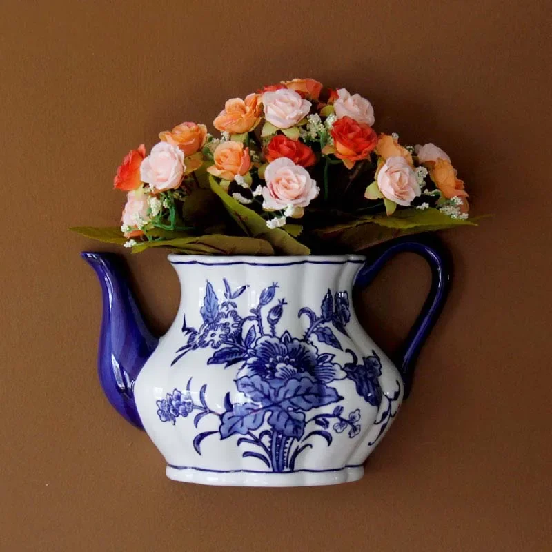 Teapot Shape Vase Metope Vase Ceramic Wall Hanging Flower Receptacle Jingdezhen Blue and White Porcelain Flower Vases