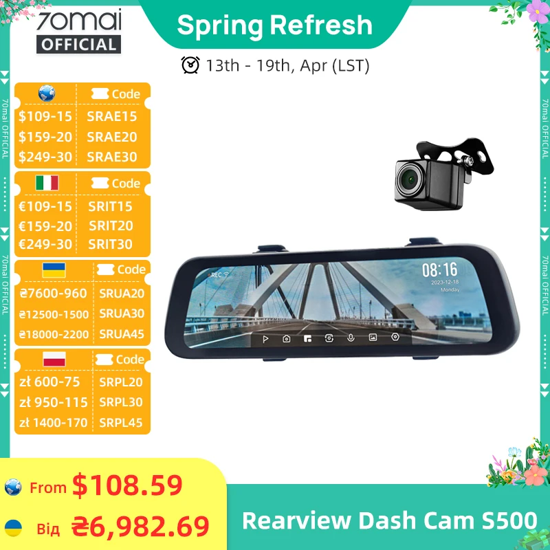9.35 Inch Full Screen 70mai Rearview Dash Cam S500 1944P Auto Cam 138FOV 70mai S500 Mirror Car Recorder Stream Media Car DVR