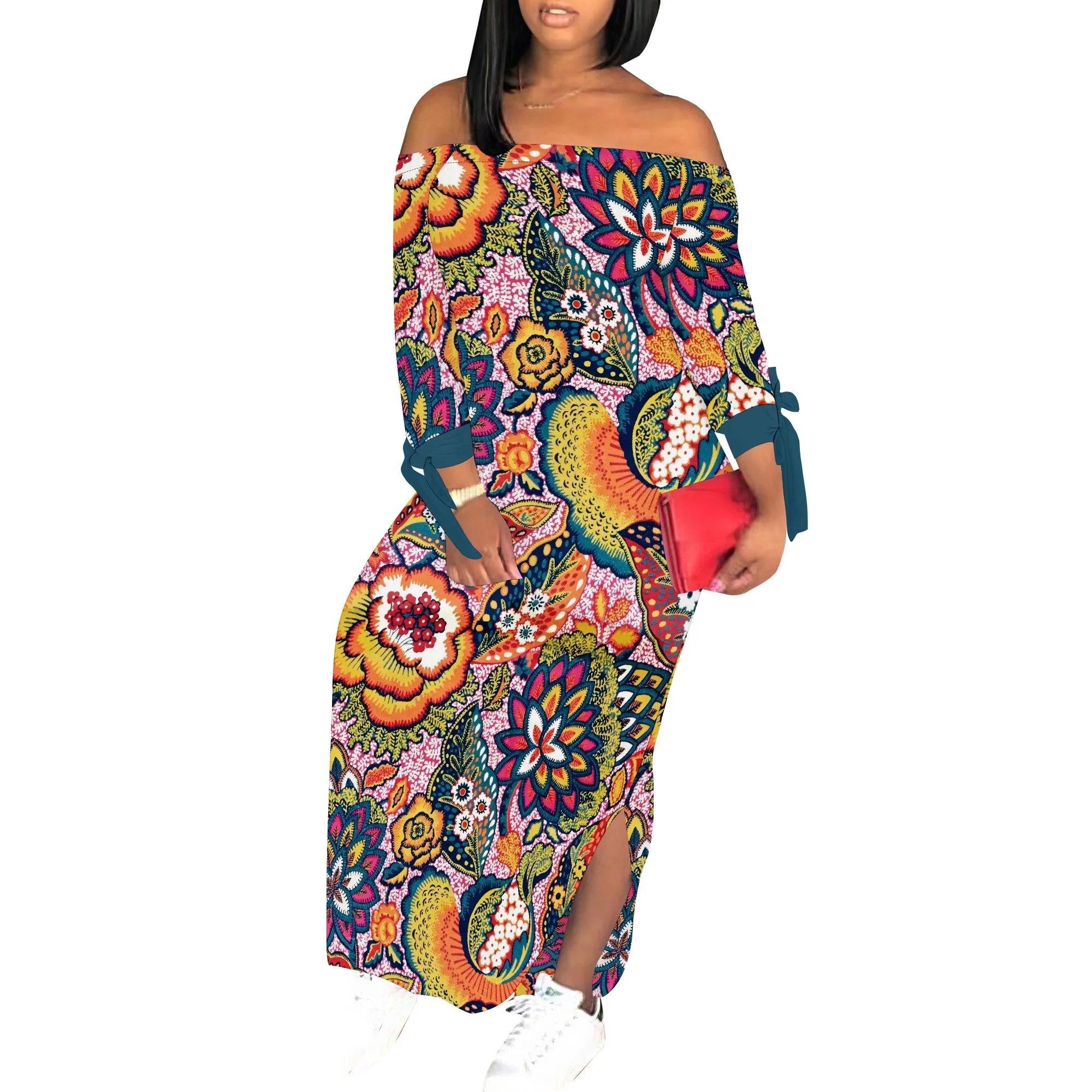 女性用 花柄 オフショルダー マキシドレス 3/4 スリーブ マルチカラー ブルー スリット パーティー イブニング