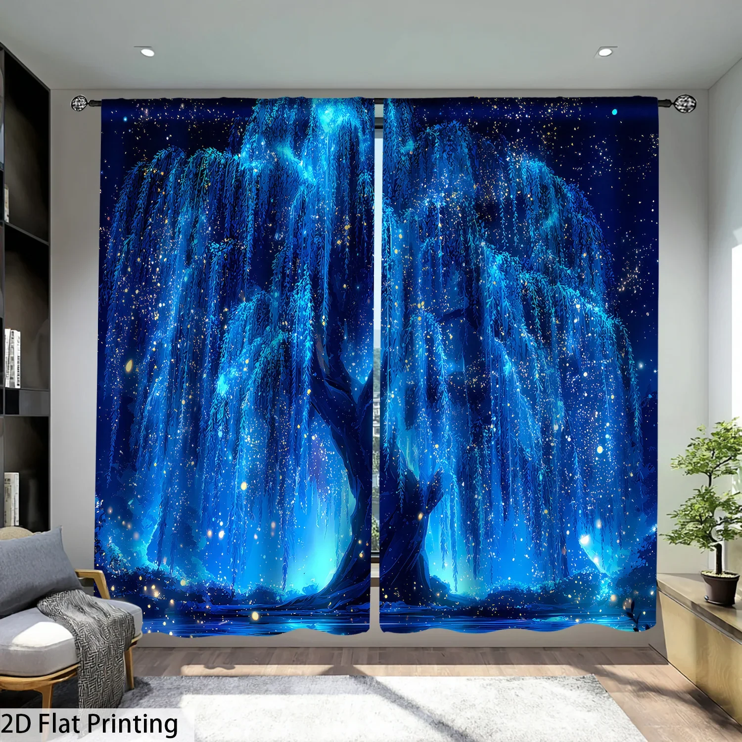 Vibrant Blue Waterfall Night Sky Curtain 2D Printing Abstract Galaxy Shower Window Drapes