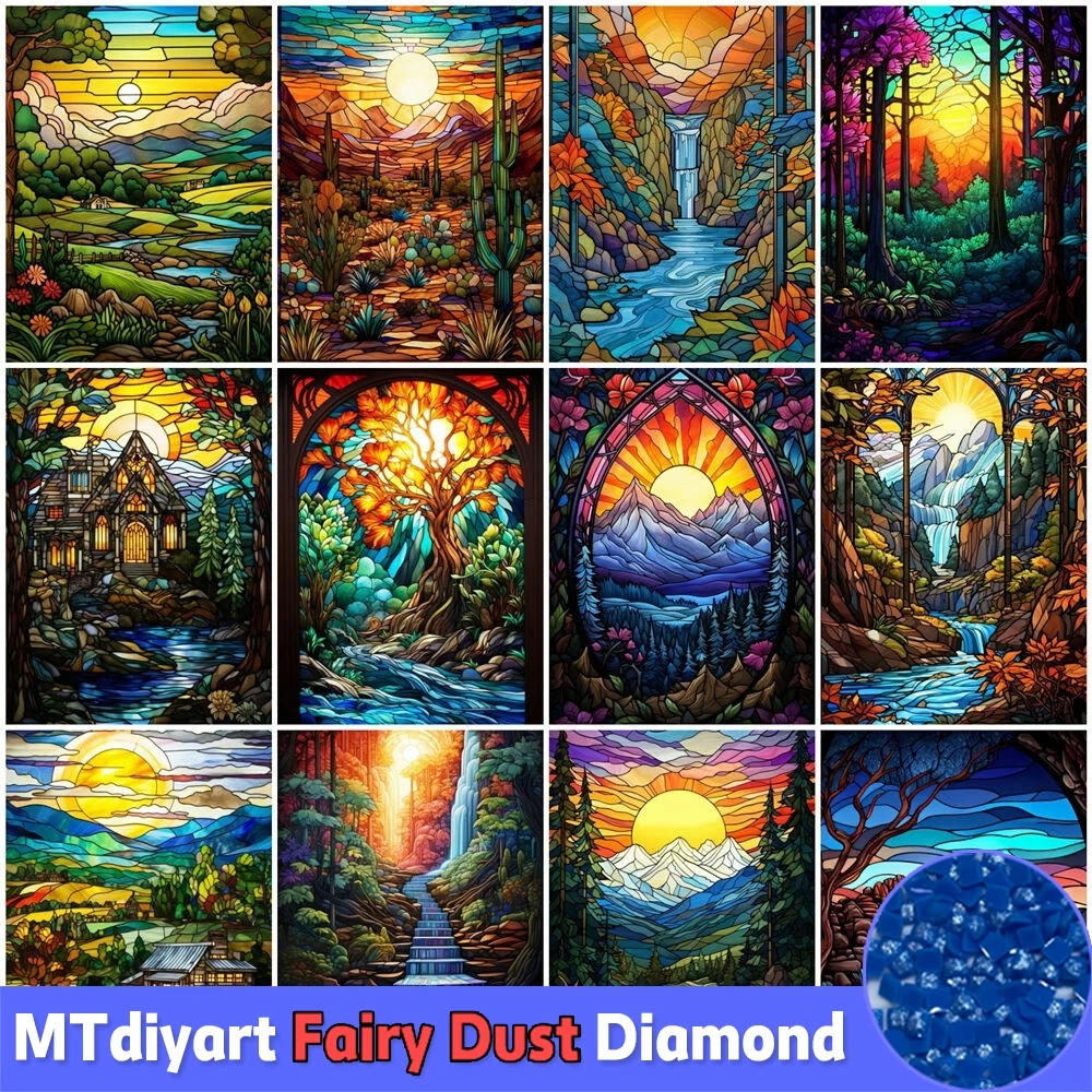 Fairy Dust Diamond Painting Tree Mountain Full Drill Craft Kit Embroidery Scenery Nature Diamond Mosaic Stained Glass Wall Art