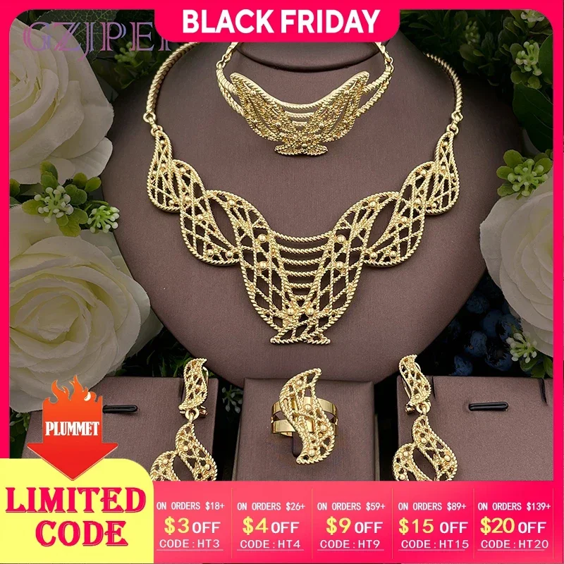 

African Gold Color Big Jewelry Set Exaggerate Large Necklace Bracelet Long Earring Ring Set For Women Birthday Gifts 2025 New