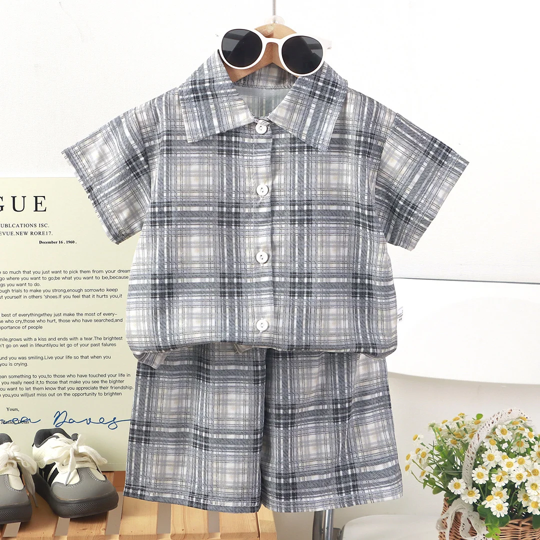Boys Girls Suit Fashion Casual  Summer Clothing Plaid T-Shirt + Shorts Set Cartoon Boys Sports Suit Handsome Beach Baby Clothing