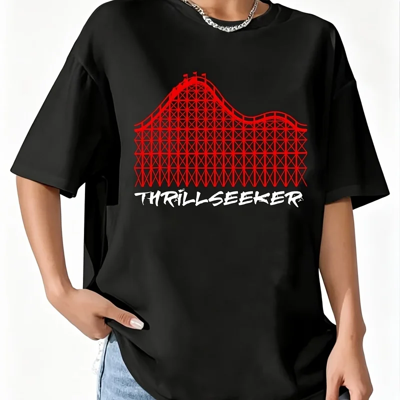 Thrill Seekers Roller Coaster Roller Coaster Amusement Women's 100% Cotton T-Shirt Fun Print Short Sleeve Top Casual Round Neck Tee S-5Xl