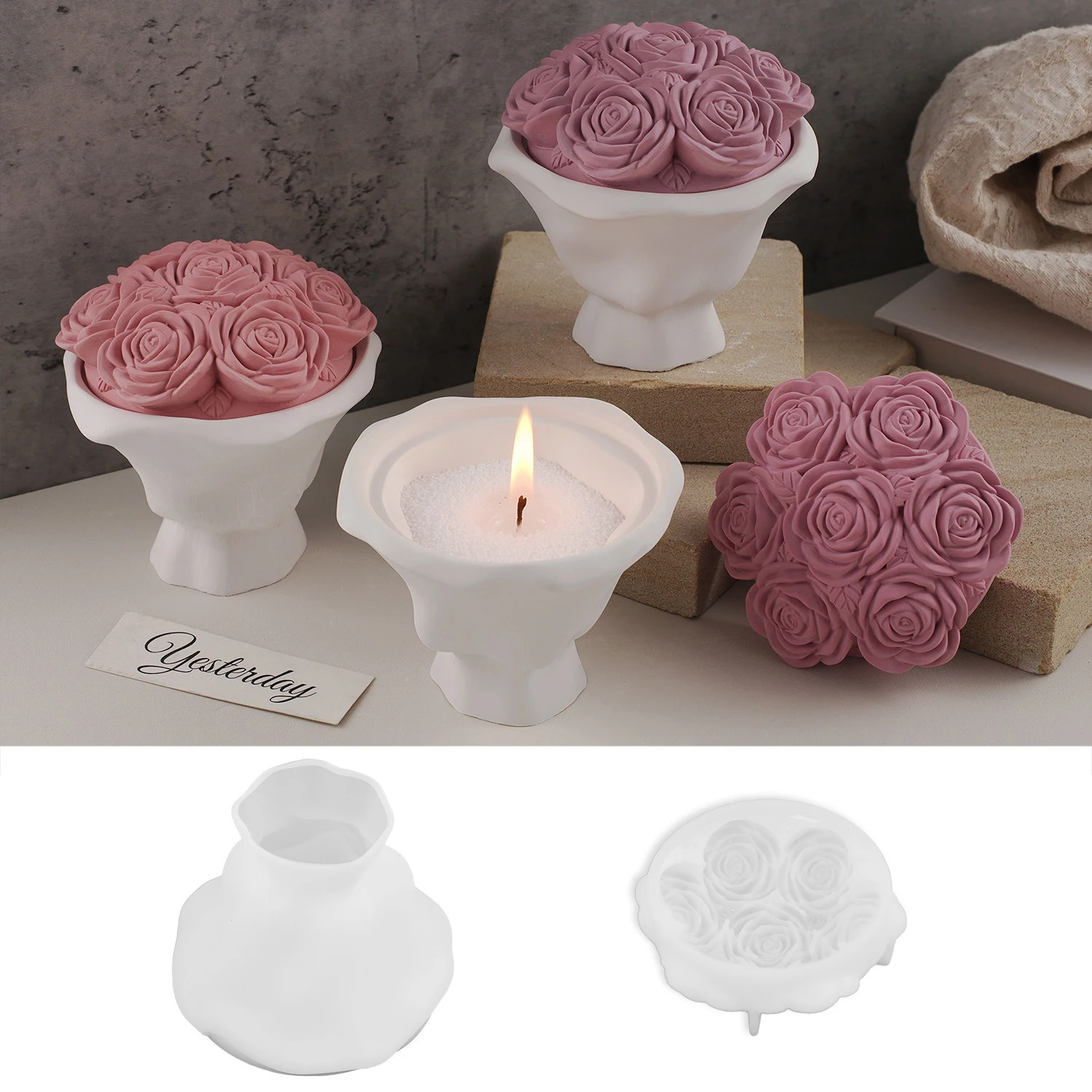 DM1256 rose vase flower pot resin mold storage box candle jar gypsum gypsum silicone mold with lid jewelry bracket