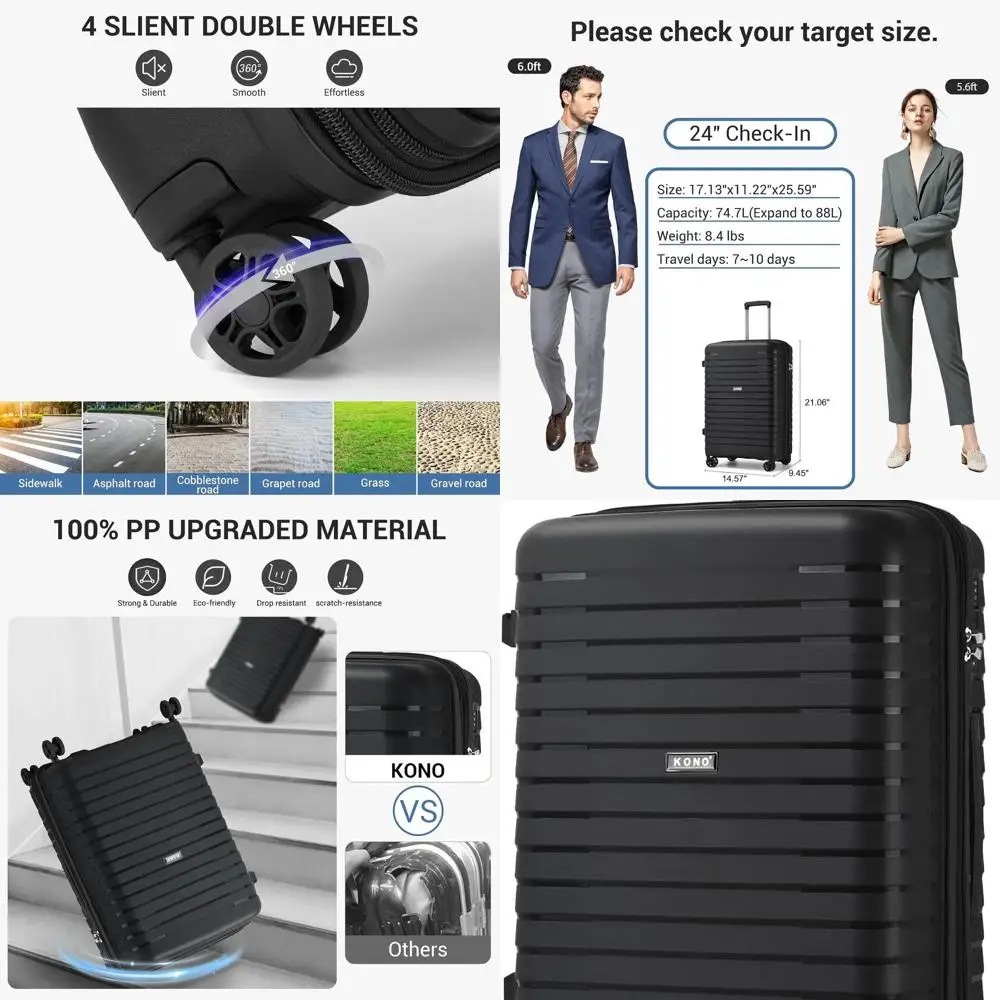 

24 Inch Durable Hardshell Spinner Suitcase with TSA Lock, Expandable and Lightweight, Black