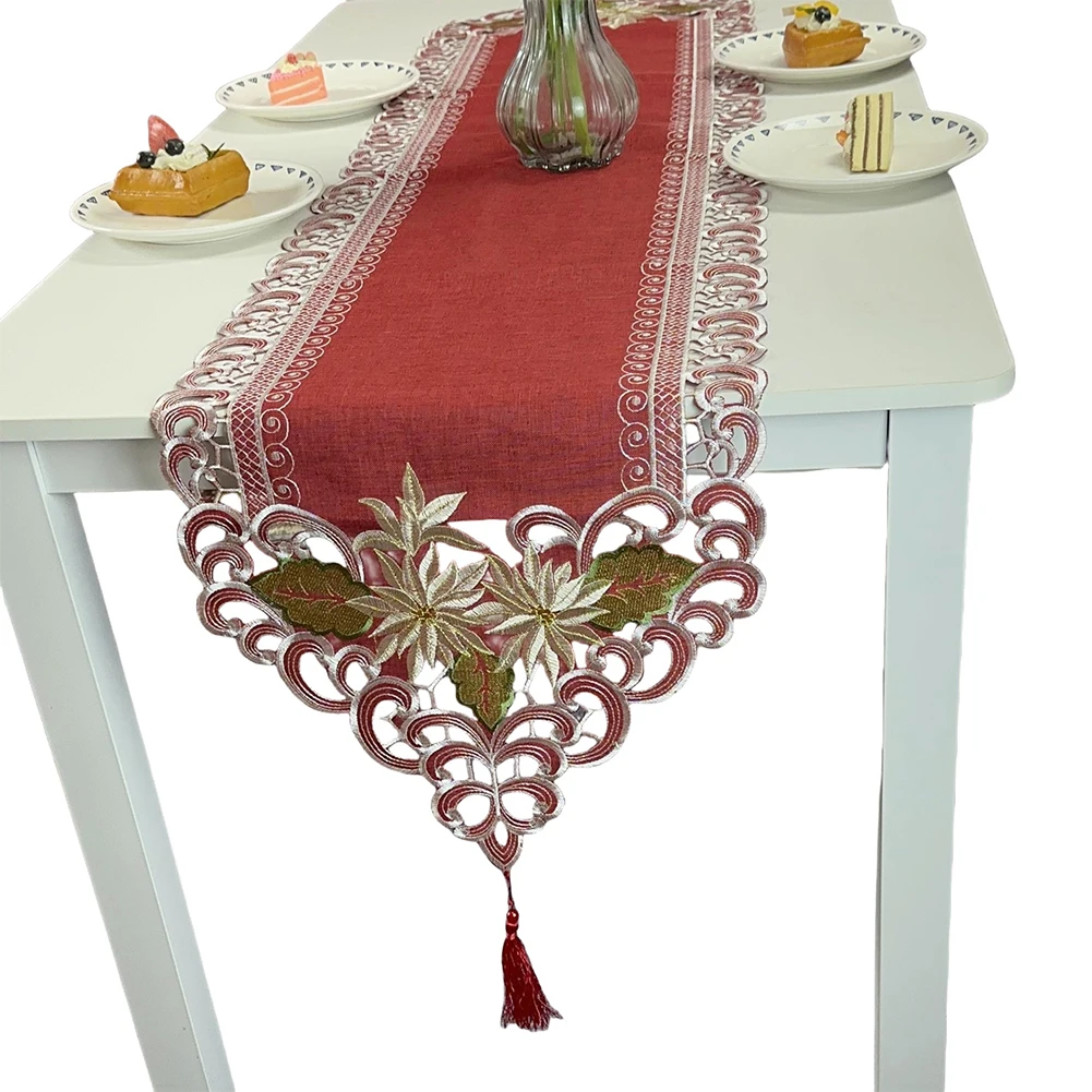 Polyester Table Scarf 40x175CM Red Festive Design with Embroidered Flowers and Hanging Tassel for Dining Table