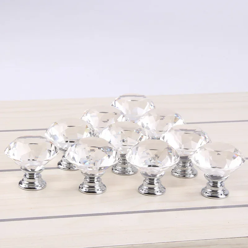 10Pcs/set 30mm Diamond Shape Design Crystal Glass Knobs Cupboard Drawer Pull Kitchen Cabinet Door Wardrobe Handles Hardware